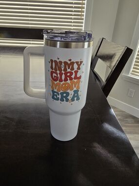 White Travel Tumbler with Colorful "In My Girl Mom Era" Graphic
